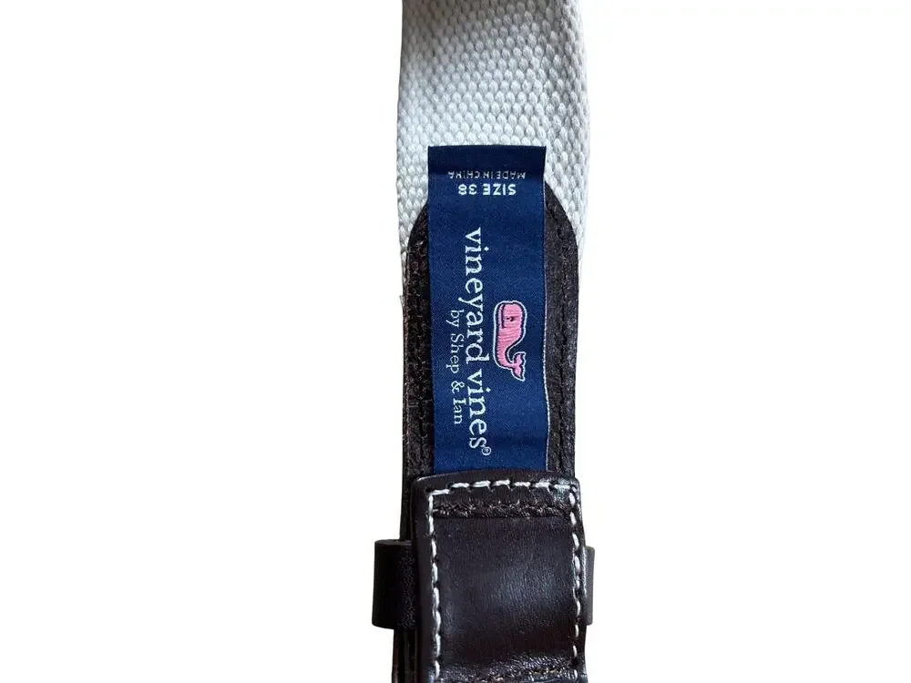 Vineyard Vines Mens Woven Belt 38 White Cotton Leather Striped Logo Buckle